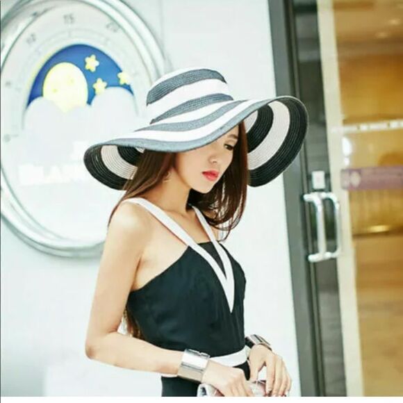 SUPER CHIC Striped Wide Brim UV Protection Summer Beach Sun Hat Adjustable - Picture 9 of 11